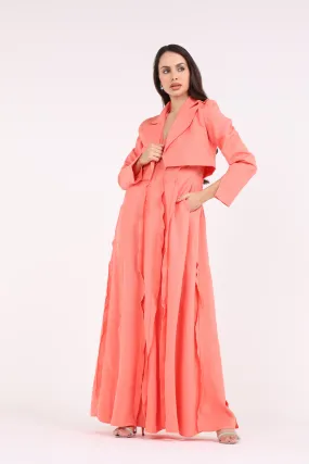 2443018-Cropped Solid Slit Blazer with Ruffled Solid Maxi Dress