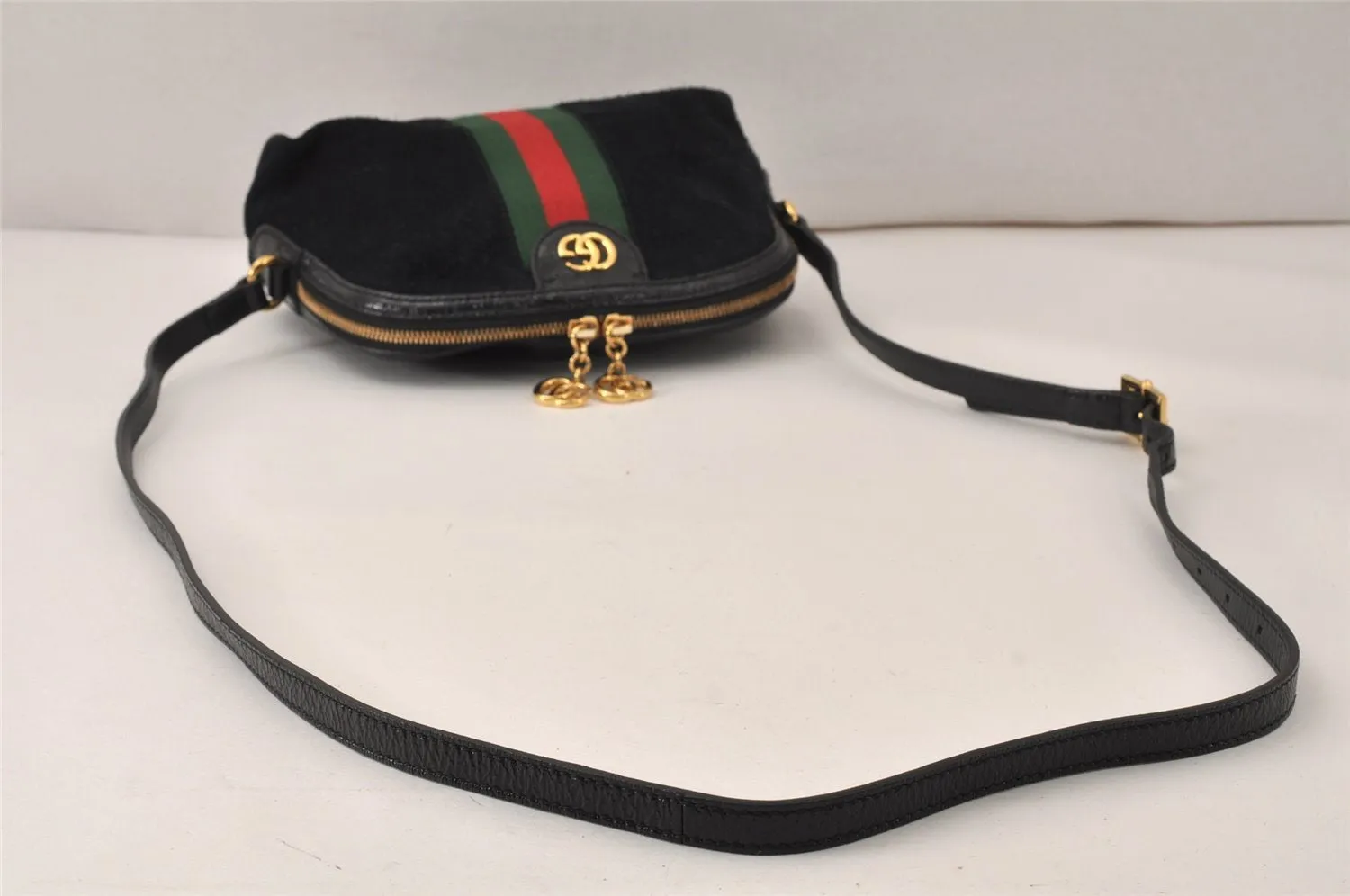 Auth GUCCI Web Sherry Line OPHIDIA Shoulder Bag Suede Leather 499621 Black 5019K