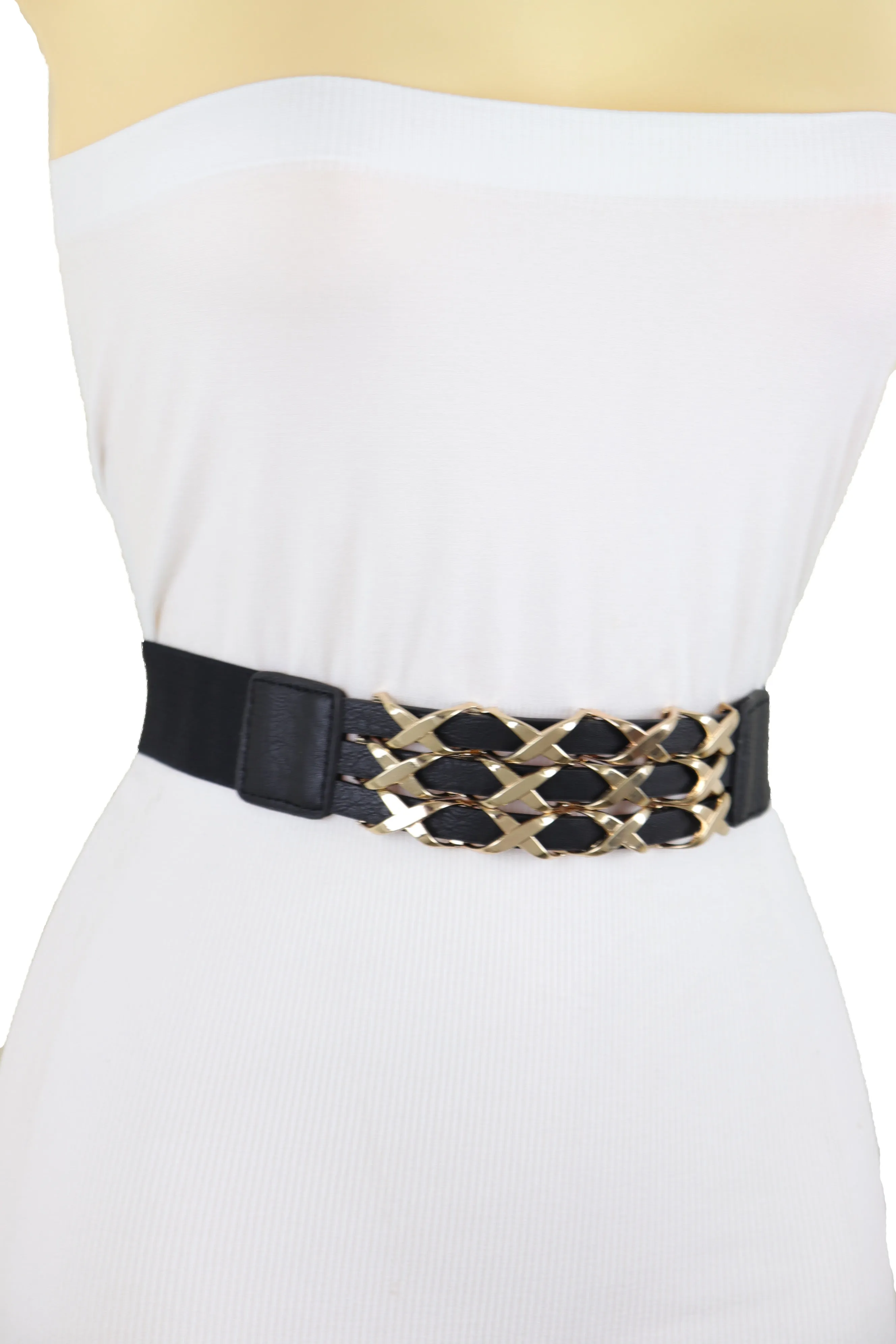 Black Stretch Waistband Fashion Belt Hip Waist Gold Metal XX Charm Fit S M