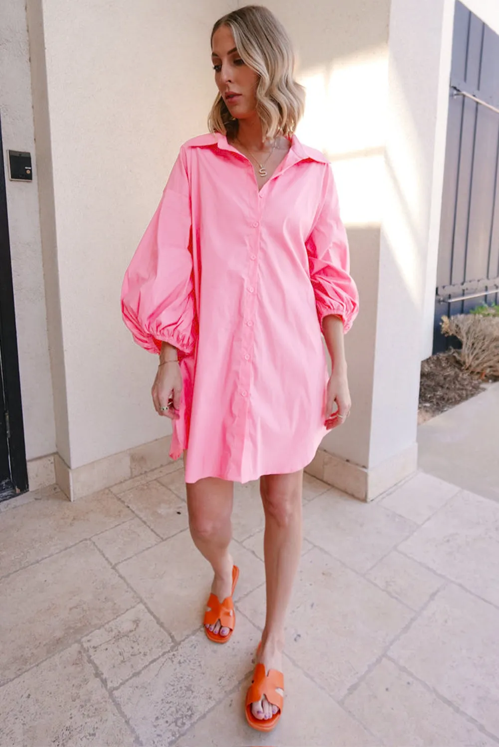 Bright Pink Balloon Sleeve Button Up Mini Shirt Dress