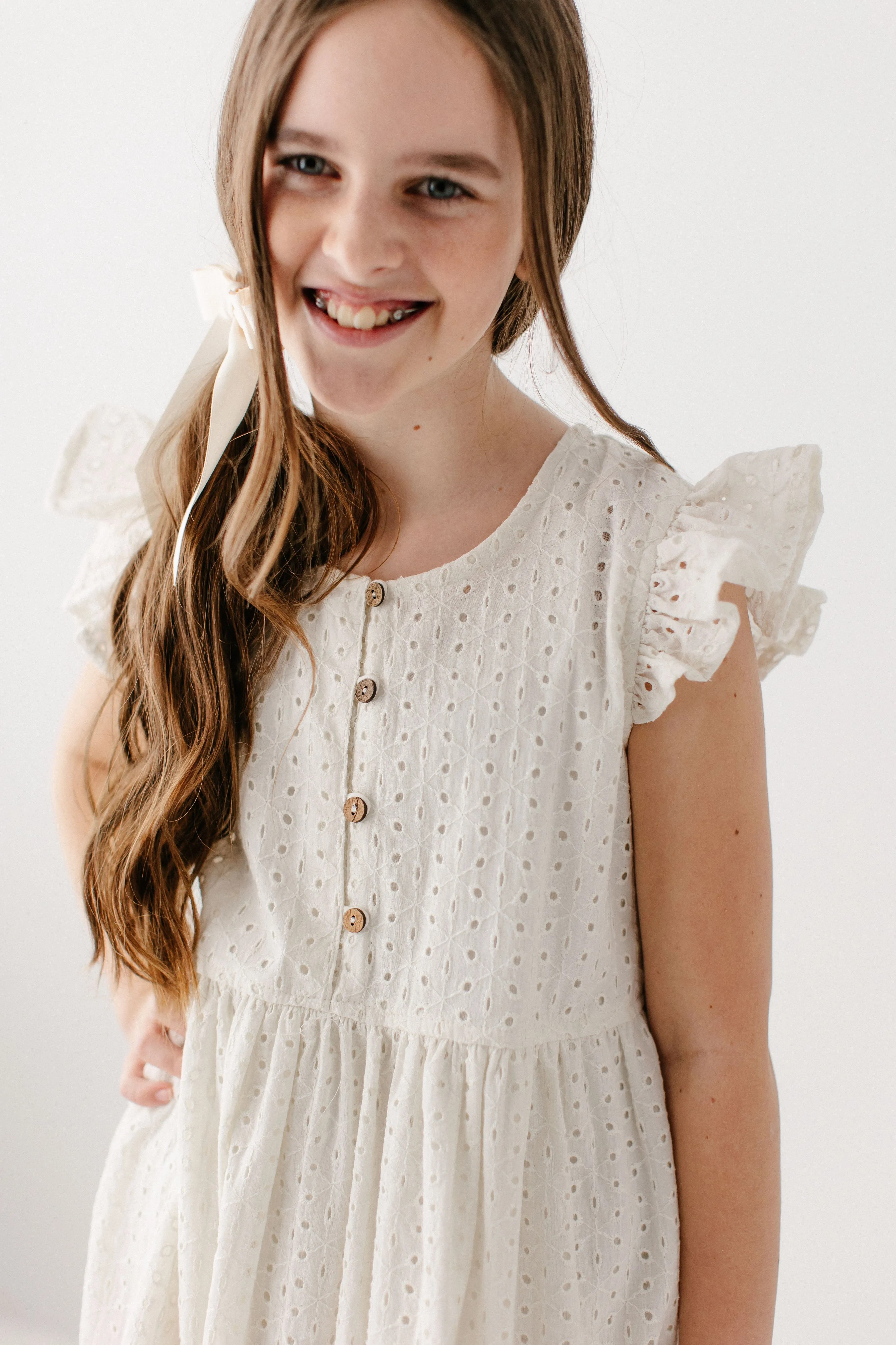 'Hadassah' Girl Embroidered Eyelet Flutter Sleeve Dress in White FINAL SALE