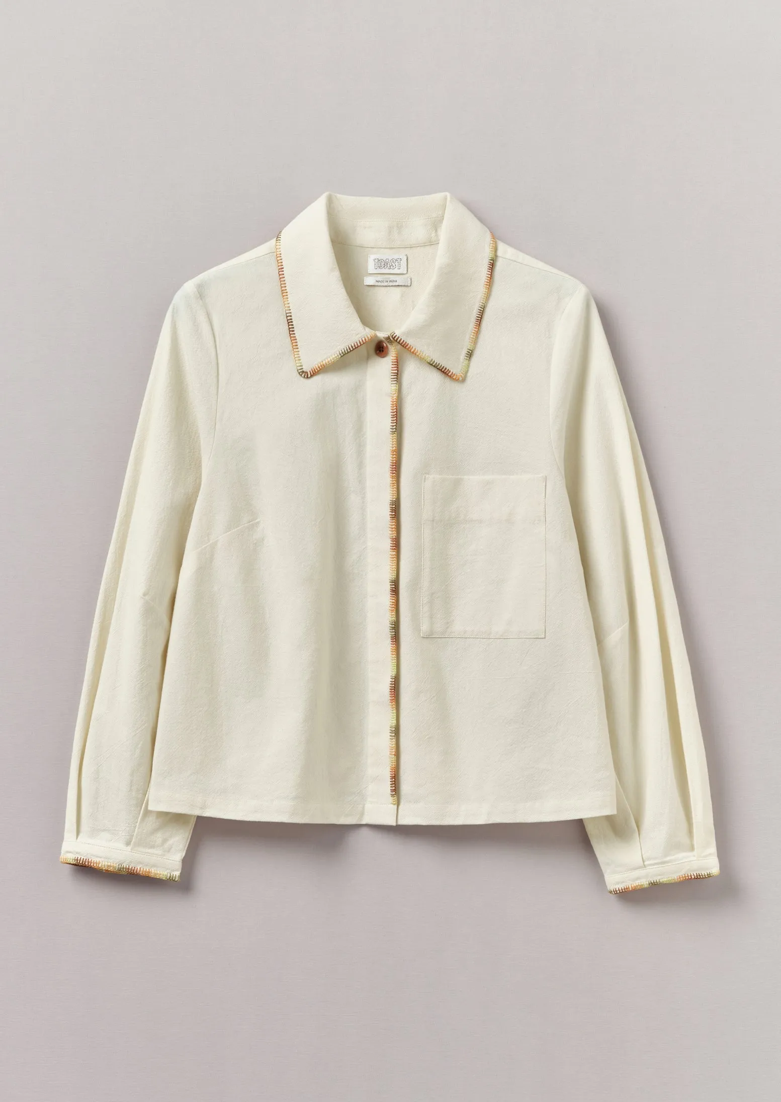 Hand Embroidered Textured Cotton Shirt | Ecru/Multi