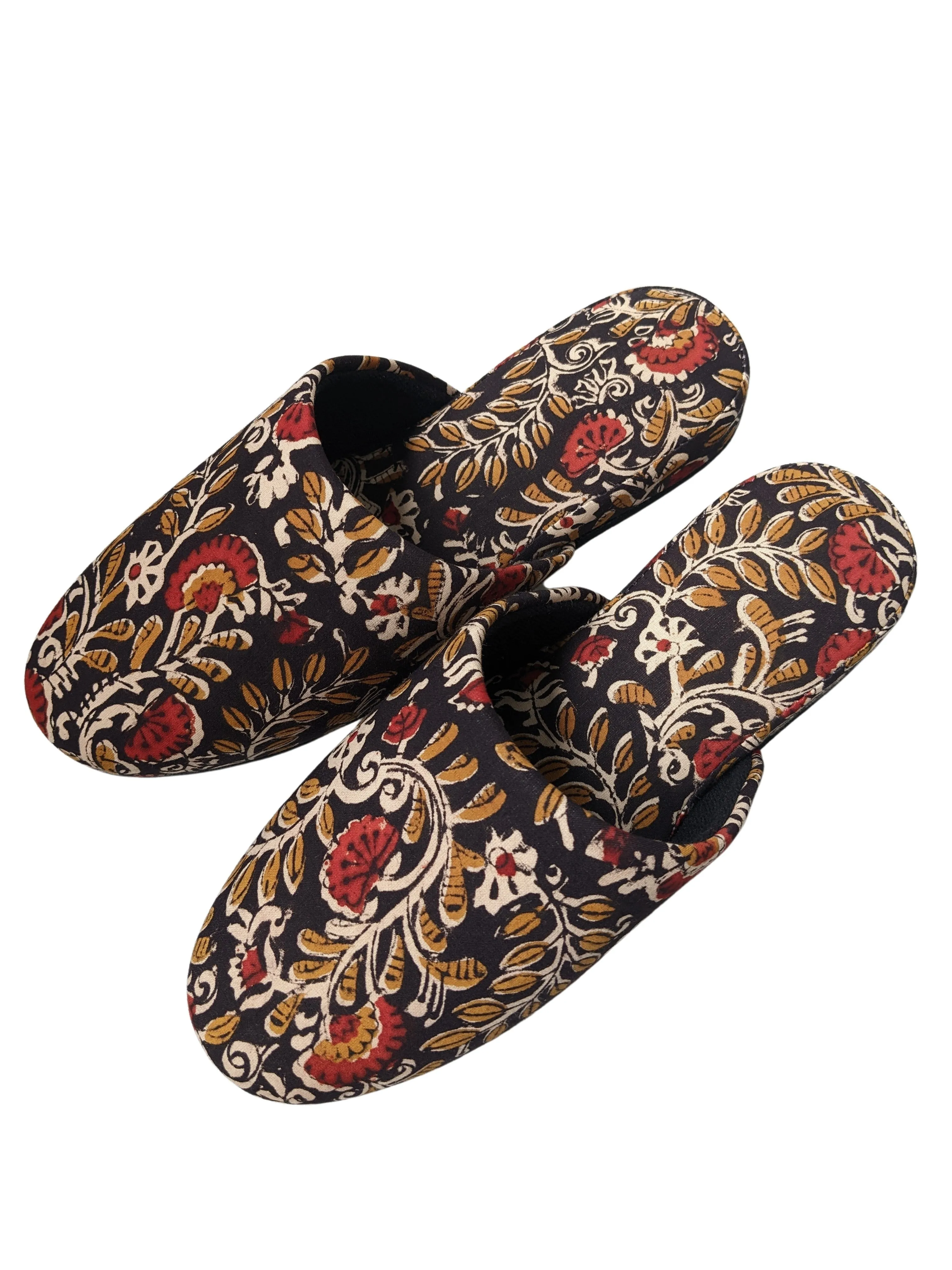 Medium Block Printing Flowers Mix Slippers [Black wool felt soles] MF2206 [Size Medium]