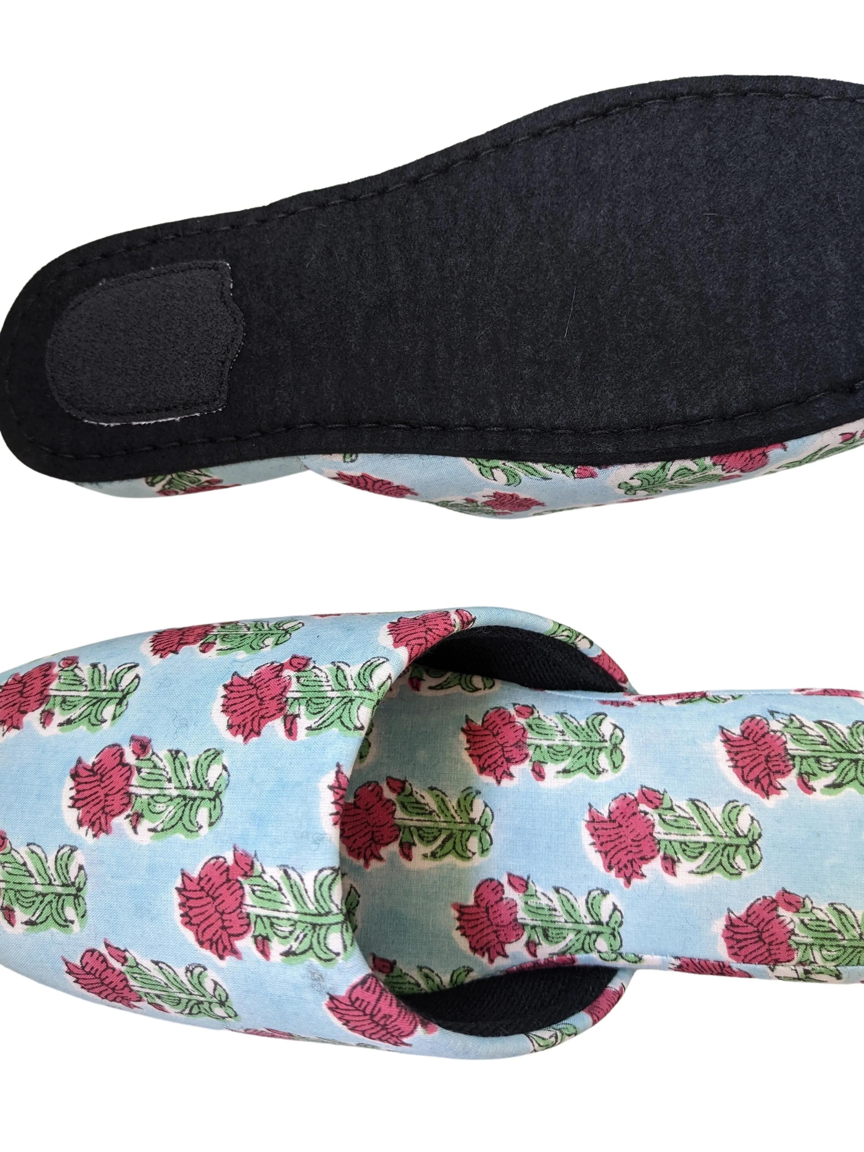 Medium Block Printing Flowers Mix Slippers [Black wool felt soles] MF2209 [Size Medium]